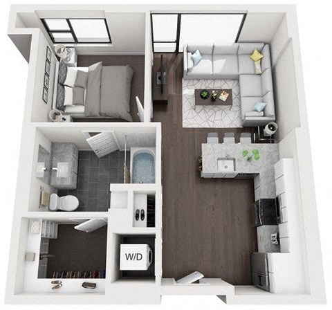 Floor plan for 1 bed, 1 bath, 658 sqft